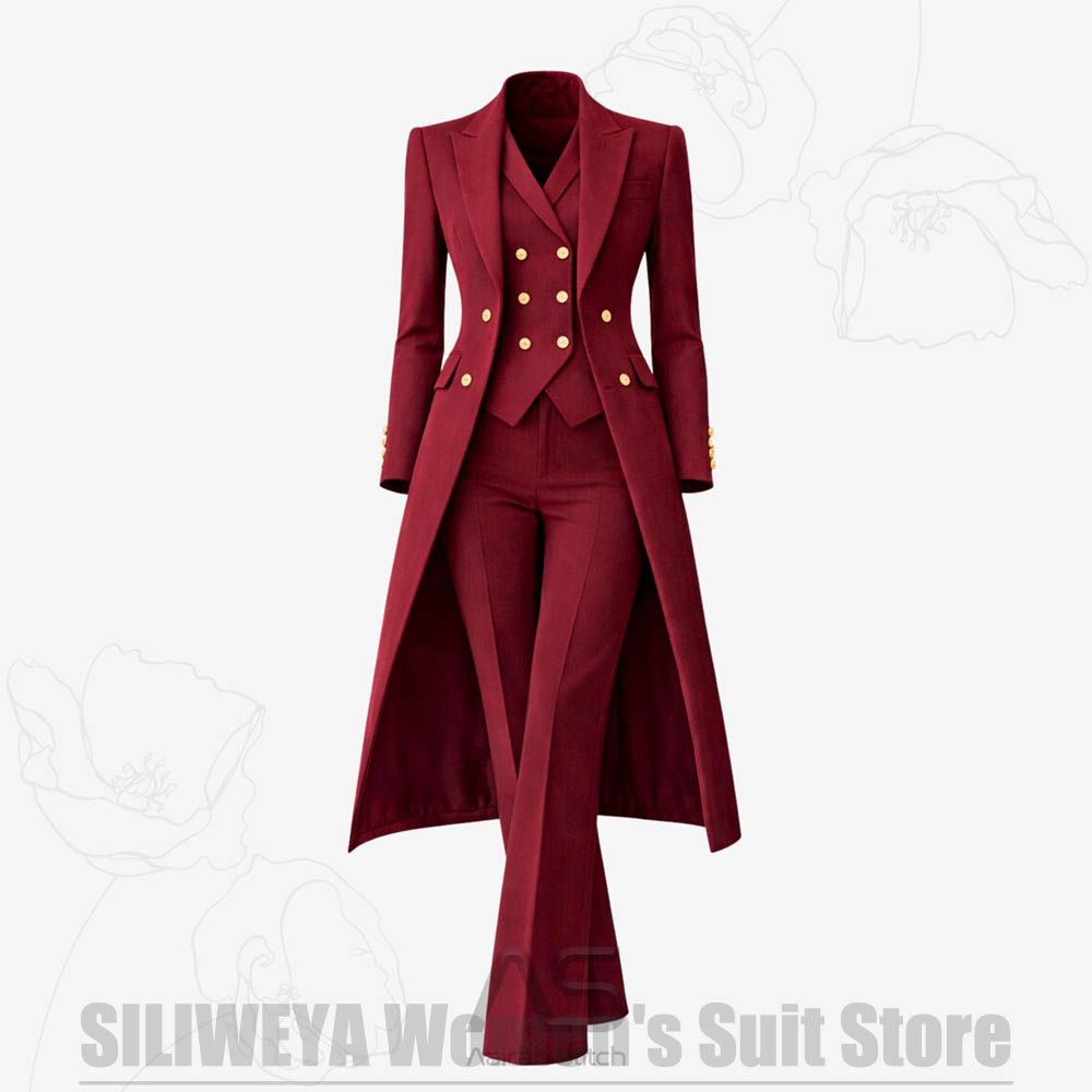 Women Luxury Formal Wear - Damski garnitur 3-częściowy dwurzędowy długi płaszcz