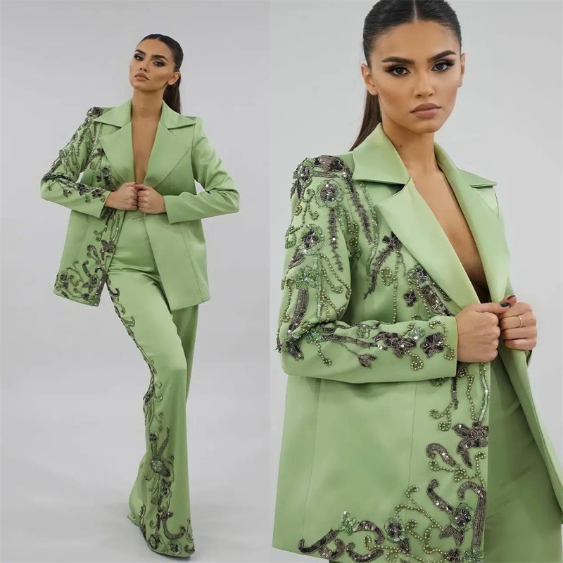 Women Luxury Formal Wear - Projektant zielone satynowe garnitury damskie zestaw