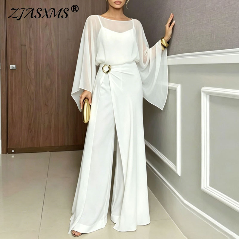 Female Formal Wear - Damski elegancki kombinezon 2-częściowy, prześwitujące rozkloszowane