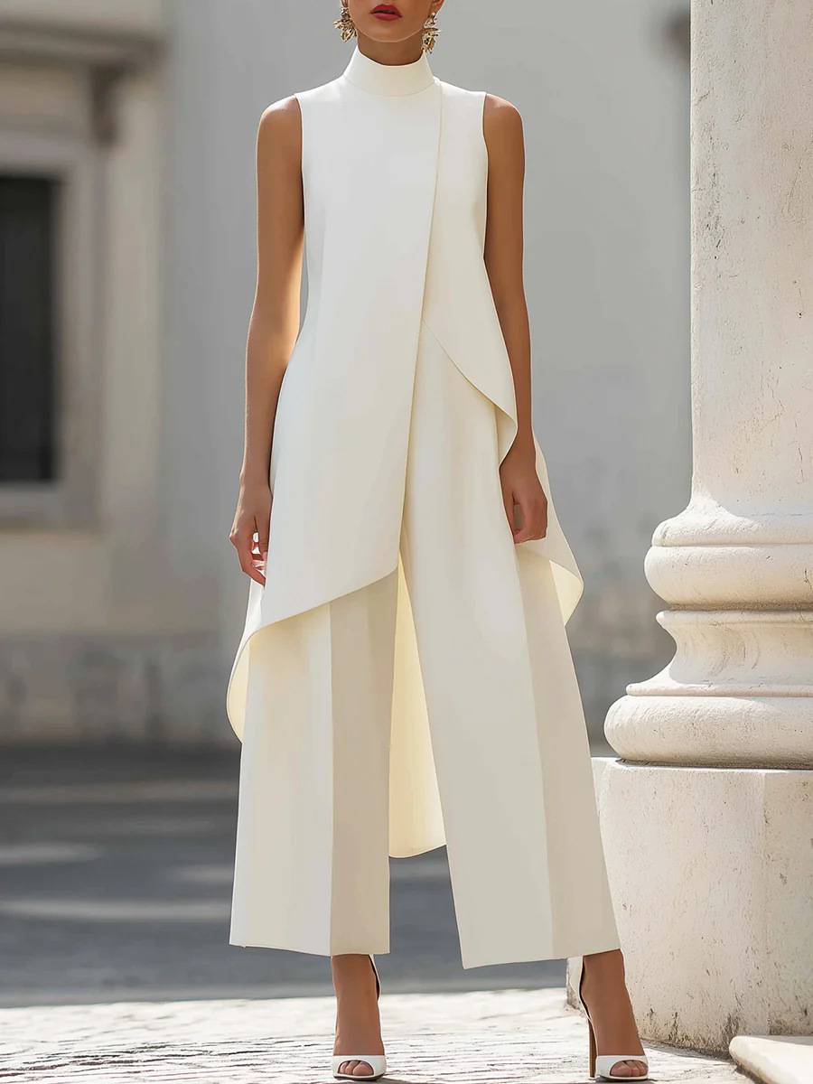 Female Formal Wear - Damski dwuczęściowy komplet: asymetryczna bluzka bez