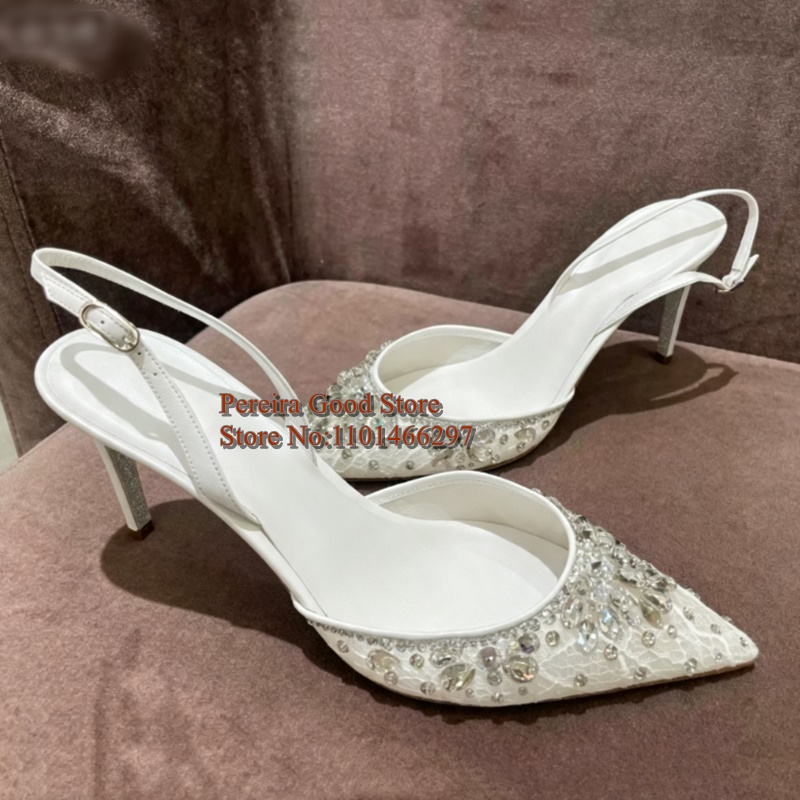 Błyszczące białe koronkowe czó – Slingback Heel Formal recenzja i cena