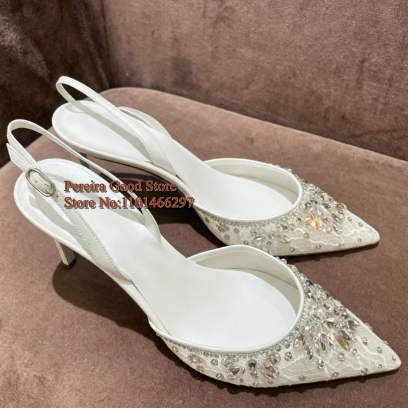 Błyszczące białe koronkowe czó – Slingback Heel Formal recenzja i cena